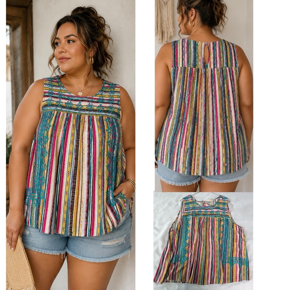 Savanna Jane Sz 3X Embroidered Stripe Boho Tank Tunic Blouse Southwestern Artsy
